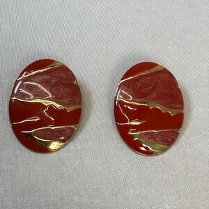 Large Vintage Red Enamel Egg Shaped Pierced Earring with Gold Tone Stripes.